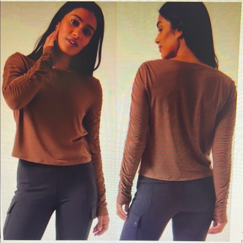Athleta NWT Brown Ruched Long Sleeve Crop Top - Picture 1 of 8